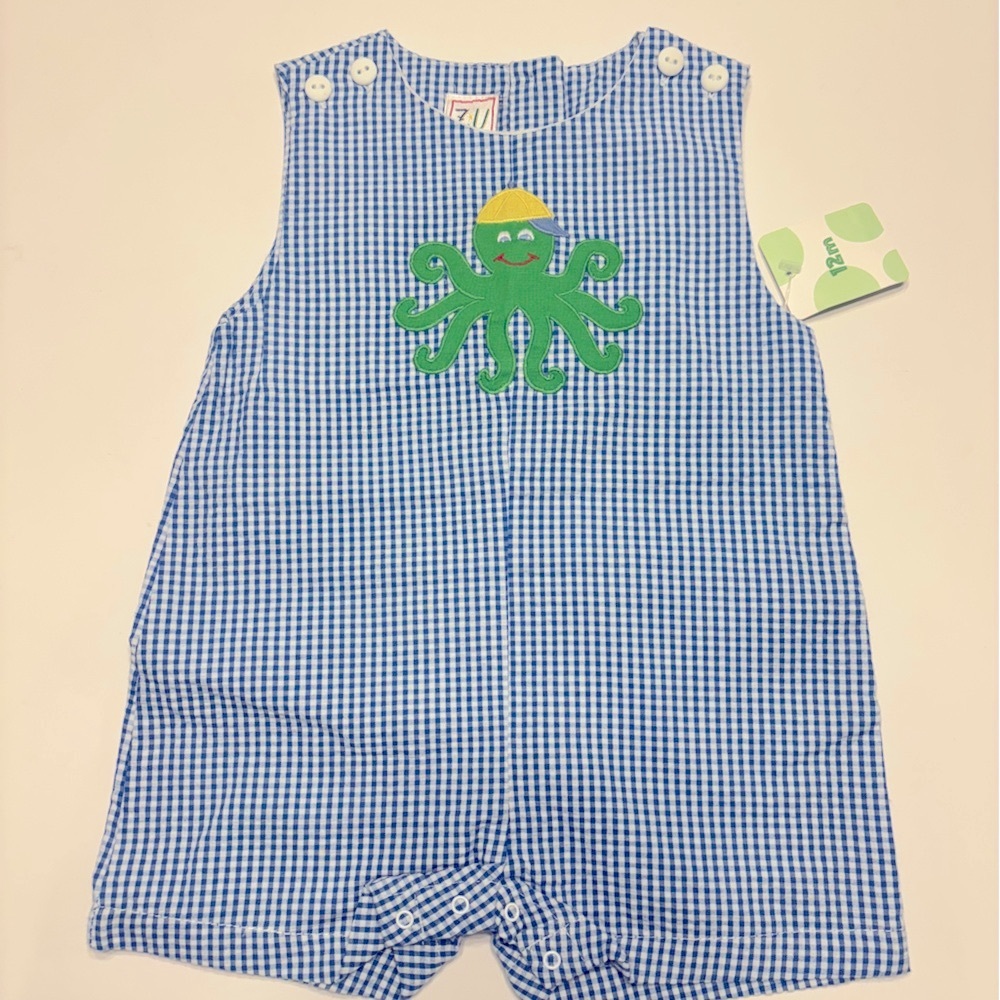 PETIT AMI ZU BOY  ROMPER SIZE 12 MONTHS 
BLUE & WHITE SEERSUCKER